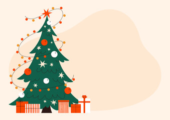 Christmas tree vector flat illustration. Christmas gifts. New Year celebration. Winter holidays. Christmas party