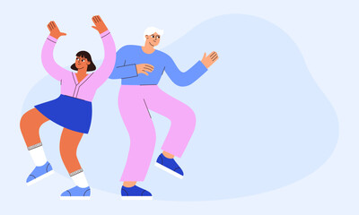 Dancing people vector flat illustration. Guy and girl dancing at a party
