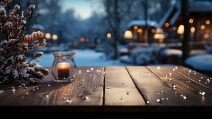 Winter xmas background with empty space on table top in front. Christmas horizontal blank scene. Wooden table top in front, blurred сhristmas tree in the snow. Snowy scene