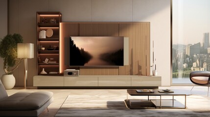 a contemporary media wall unit with built-in speakers and a wall-mounted TV.