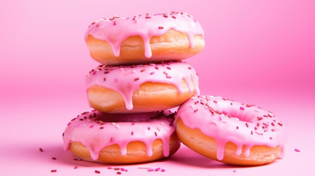 Delicious donuts on a pink background. National Donut (Doughnut) day