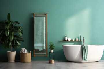 A mint-colored towel hangs in the bathroom