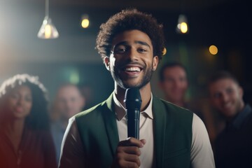 A dark-skinned male presenter holds a microphone