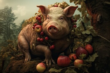 Pig with apples in the garden