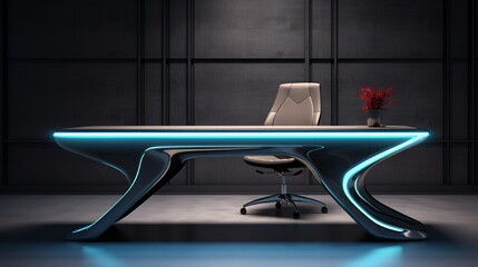 a futuristic-looking desk with a floating design and built-in LED lighting.