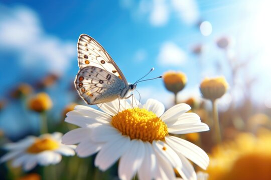 A butterfly sits on a white daisy in close-up