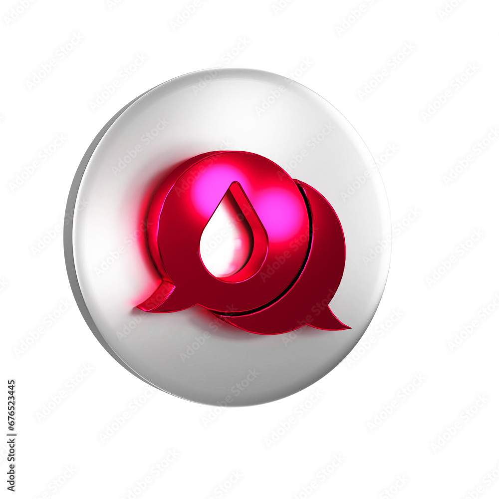 Poster red water drop with speech bubbles icon isolated on transparent background. silver circle button.