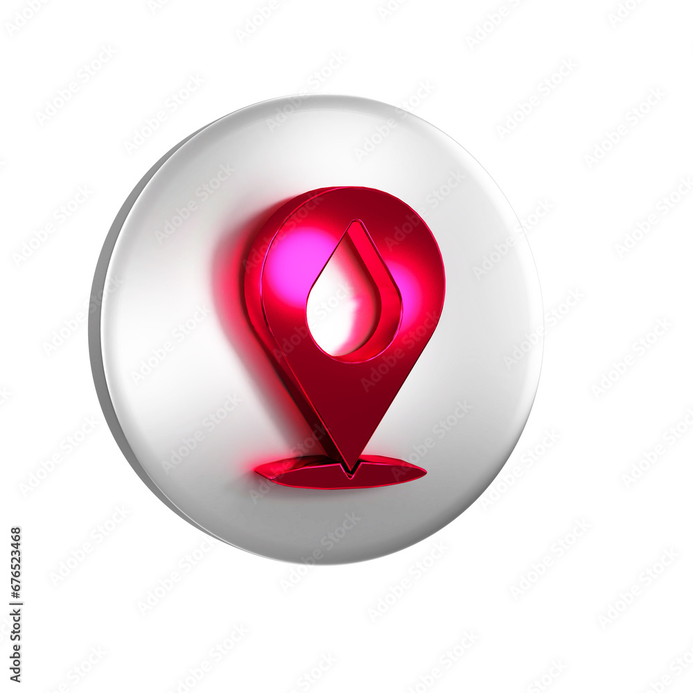 Poster red water drop with location icon isolated on transparent background. silver circle button.