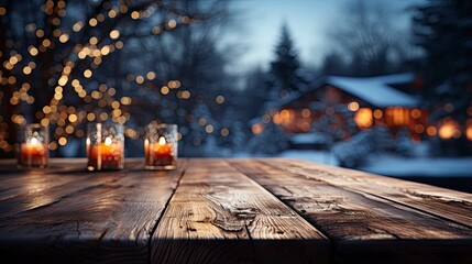 Winter xmas background with empty space on table top in front. Christmas horizontal blank scene. Wooden table top in front, blurred сhristmas tree in the snow. Snowy scene