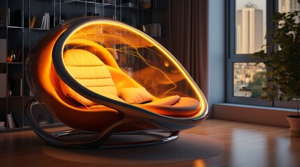 a futuristic lounge chair with a cocoon-like shape and built-in speakers.
