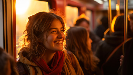 girl in public transport, morning bus ride at sunrise sun ai generative