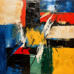 abstract representation with the colours: red, blue, black, yellow, white and green created with Generative Ai