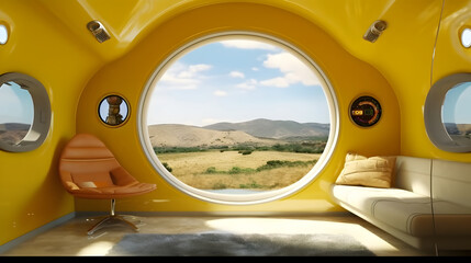 cozy living room on a space ship oval shaped window wth a stunning view of the earth Yellow shiny