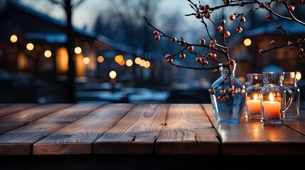 Winter xmas background with empty space on table top in front. Christmas horizontal blank scene. Wooden table top in front, blurred сhristmas tree in the snow. Snowy scene
