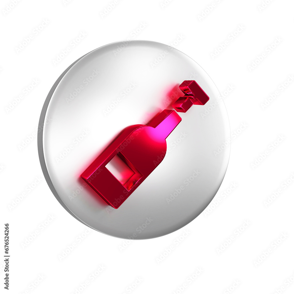 Poster red opened bottle of wine icon isolated on transparent background. silver circle button.