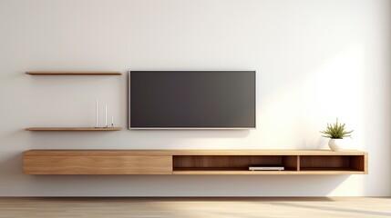 a minimalist floating TV console with open shelving and cable management.