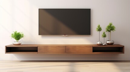 a minimalist floating TV console with open shelving and cable management.