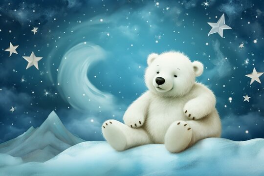 A polar bear under a starry sky, depicted as a teddy bear in a children's book with themes of fairy tales. Generative AI