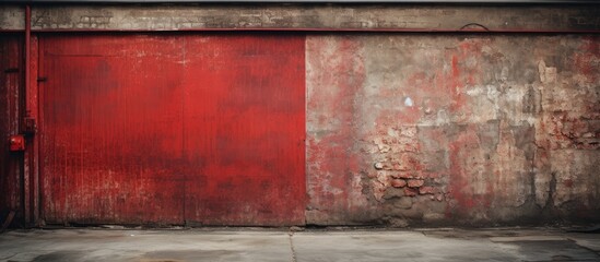 In the old industrial building a vintage red garage door stood against the grunge wall creating a...