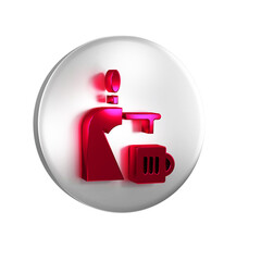 Red Beer tap with glass icon isolated on transparent background. Silver circle button.