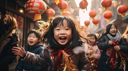 Obraz na płótnie Canvas Happy girl celebrating Chinese new year on the city street.
