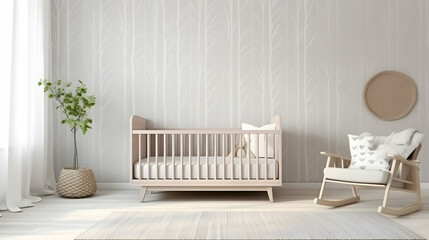 Minimalist baby's room with plant and textiles, Scandinavian interior design