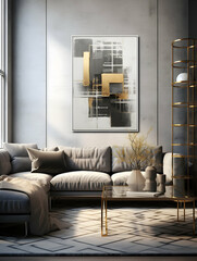 Modern living room interior design with abstract gold and white art