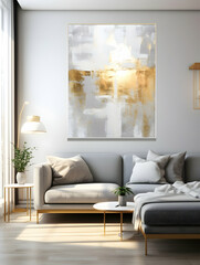 Modern living room interior design with abstract gold and white art