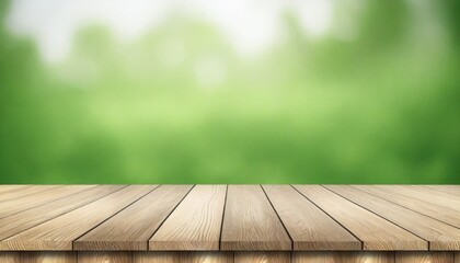 Wood desk top with nature green blur background. Empty plank wooden table for your products