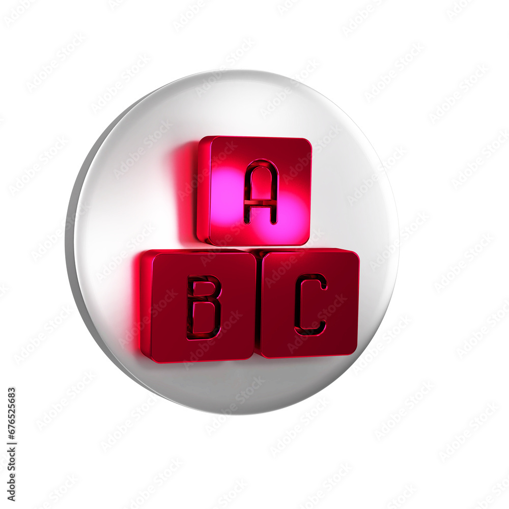 Poster red abc blocks icon isolated on transparent background. alphabet cubes with letters a,b,c. silver ci