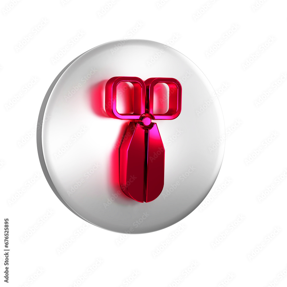 Poster red scissors icon isolated on transparent background. cutting tool sign. silver circle button.