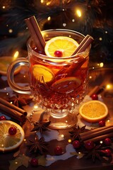 A hot winter drink with orange slices and cinnamon, garnished with a cherry, creates a festive atmosphere against the backdrop of Christmas tree lights.