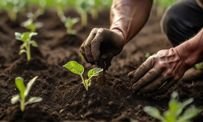 Human hands planting sprouts of tomatoes seedling in the vegetable garden. Concept of farming, spring gardening and planting.