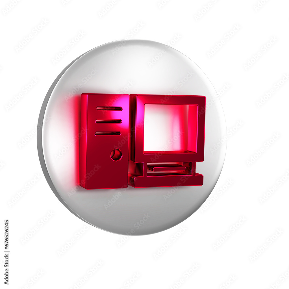 Poster red computer monitor icon isolated on transparent background. pc component sign. silver circle butto