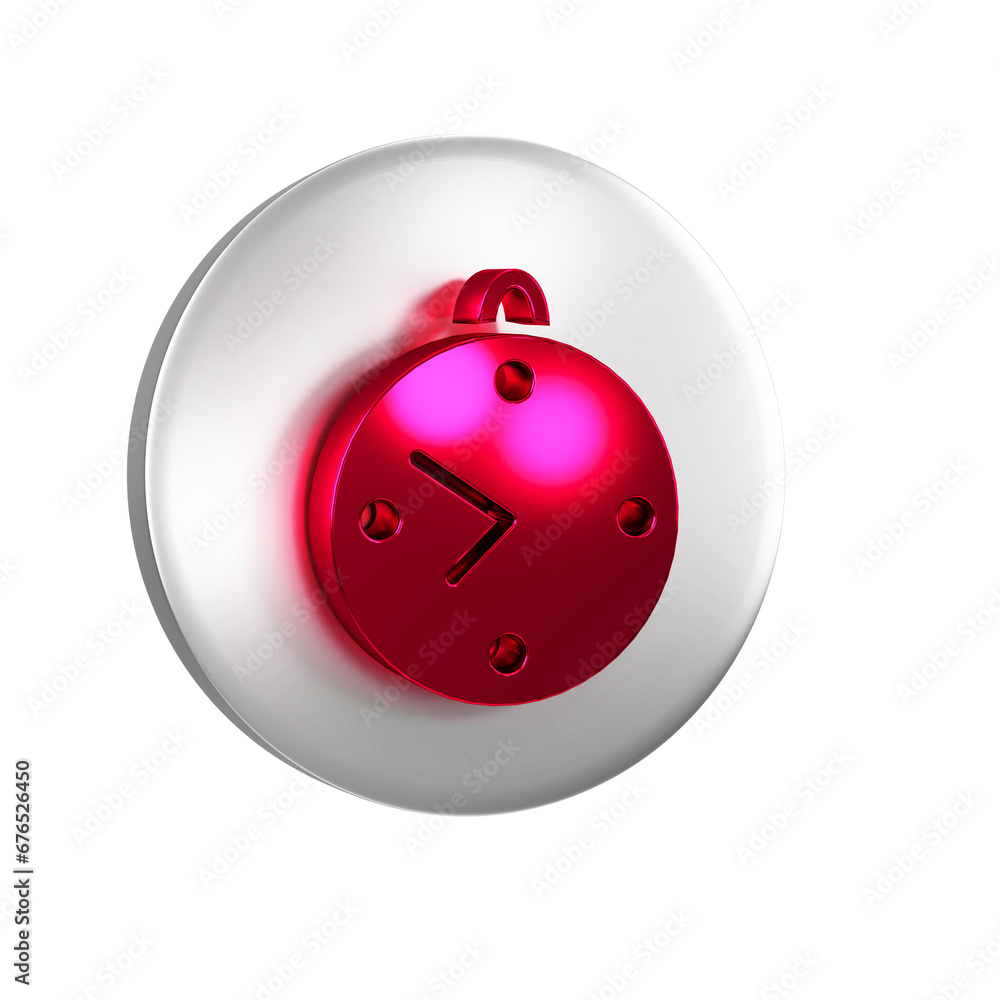 Poster red clock icon isolated on transparent background. time symbol. silver circle button.