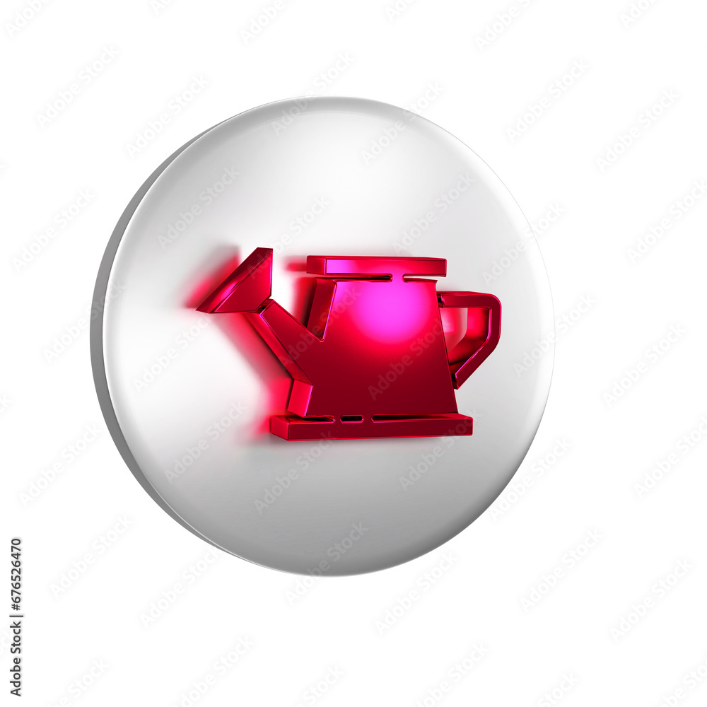 Poster red watering can icon isolated on transparent background. irrigation symbol. silver circle button.
