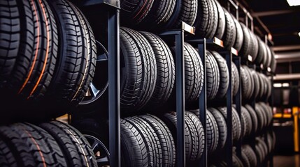 Rows of new car tires in a car shop. Selective focus.