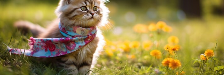 Whiskered Charm  Playful Persian Kitty in Colorful Scarf  Soaking in Golden Hour Bliss, Generative AI - obrazy, fototapety, plakaty
