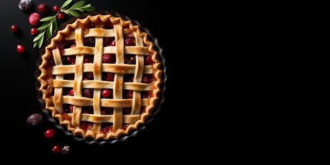 A cranberry pie with a lattice crust on a black background, in a flat lay, overhead shot with copy space, banner