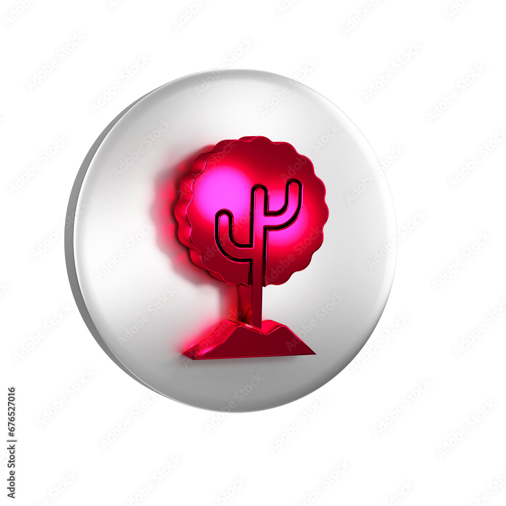 Poster red tree icon isolated on transparent background. forest symbol. silver circle button.