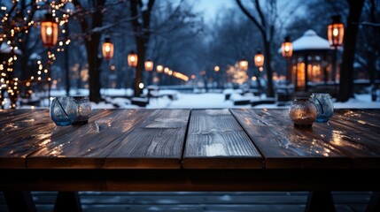 Winter xmas background with empty space on table top in front. Christmas horizontal blank scene. Wooden table top in front, blurred ?hristmas tree in the snow. Snowy scene.