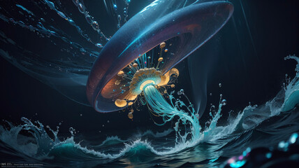 jellyfish in the night - obrazy, fototapety, plakaty