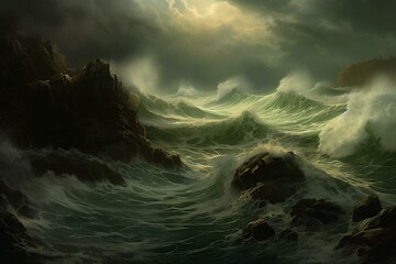 A rough and turbulent stormy sea with powerful gales and crashing waves. Generative AI - obrazy, fototapety, plakaty