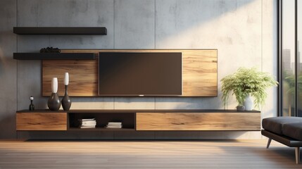 an image of a contemporary entertainment center with open shelving and a TV mount.