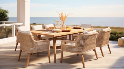 Fototapeta premium an image of a coastal-style outdoor dining set with wicker chairs and a teak table.