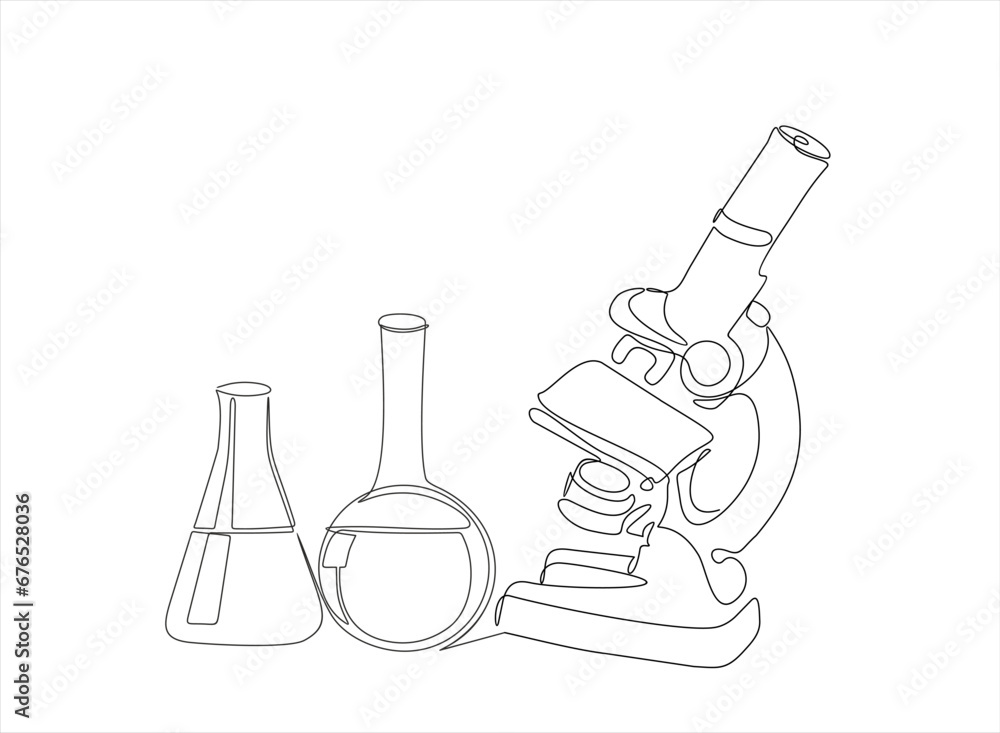 Poster continuous one line drawing of microscope and laboratory glassware. microscope line art vector illus