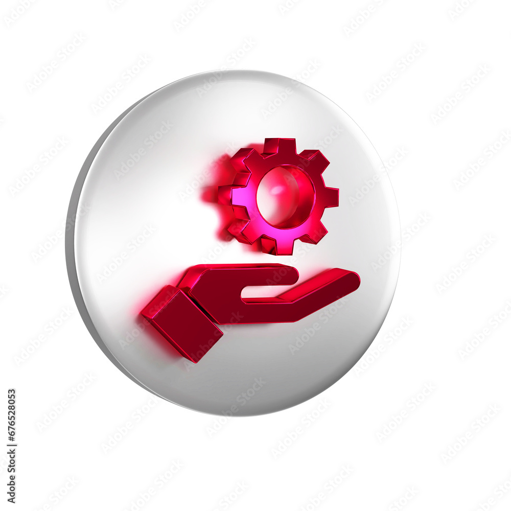 Aufkleber red settings in the hand icon isolated on transparent background. silver circle button.