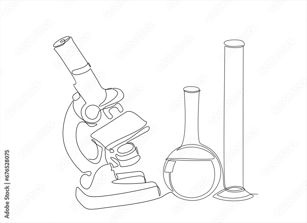 Poster continuous one line drawing of microscope and laboratory glassware. microscope line art vector illus