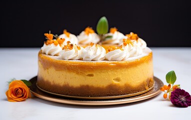 Obraz na płótnie Canvas A pumpkin cheesecake, topped with a generous flourish of whipped cream