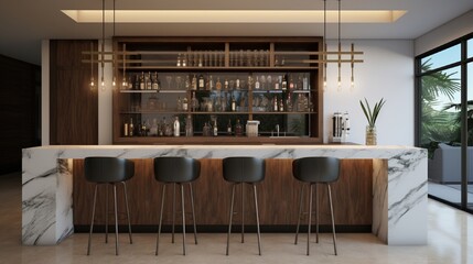 an image of a contemporary home bar with a marble countertop and wine storage.